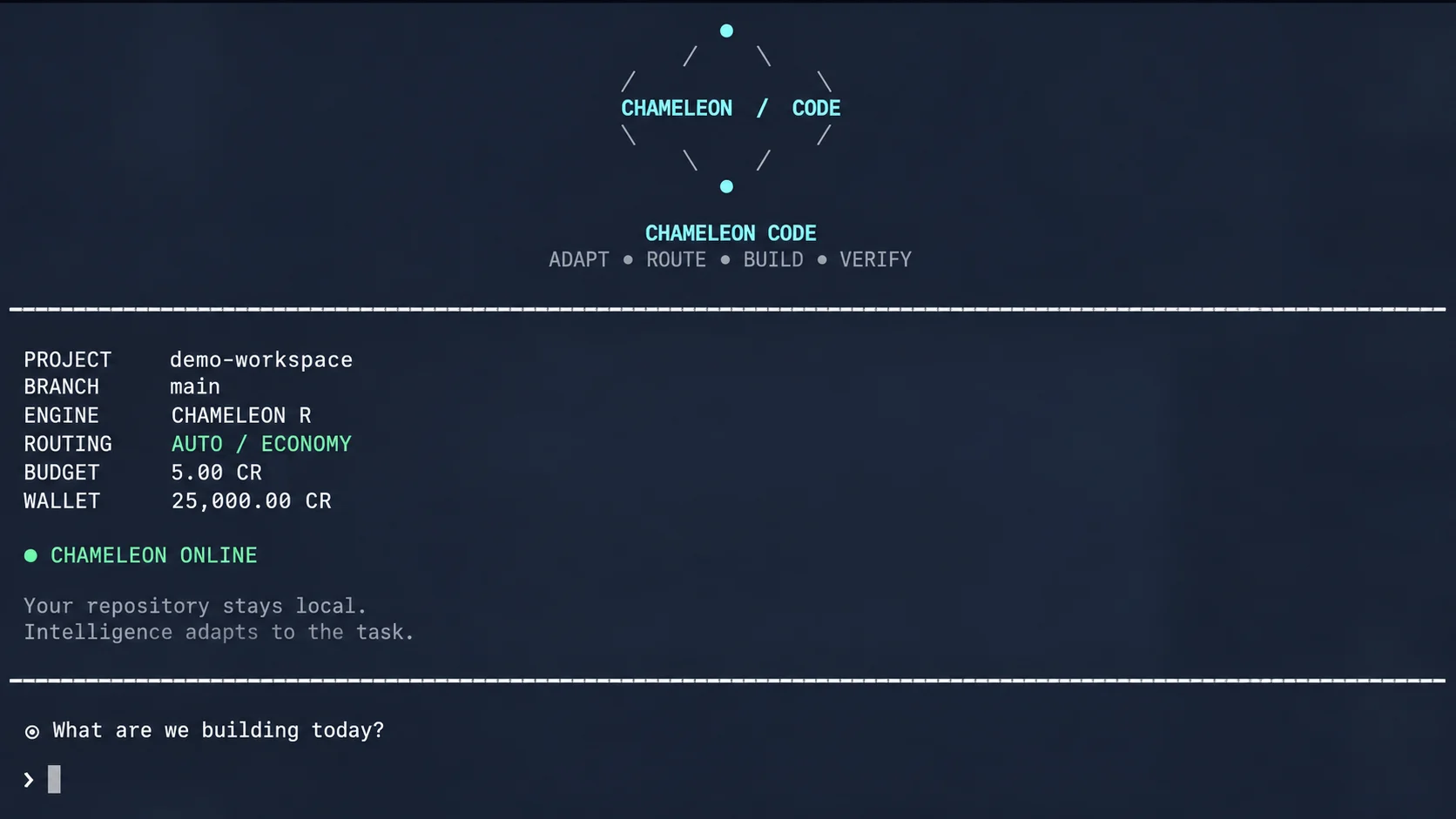 Chameleon Code welcome screen in a terminal